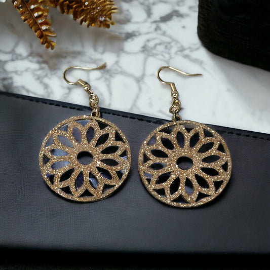 Gold Round Floral Wood Earrings