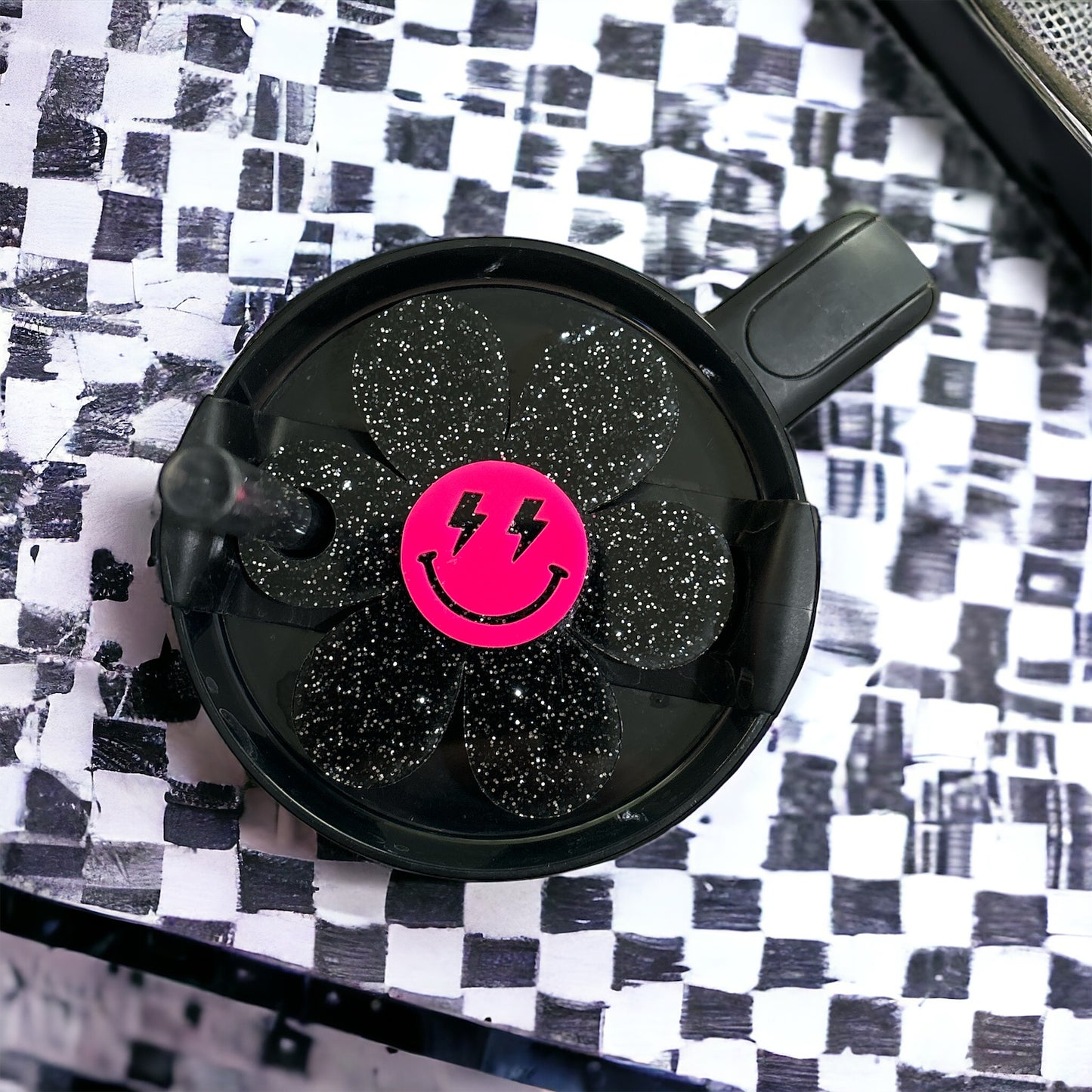 Black Flower Pink Smiley Tumbler Topper